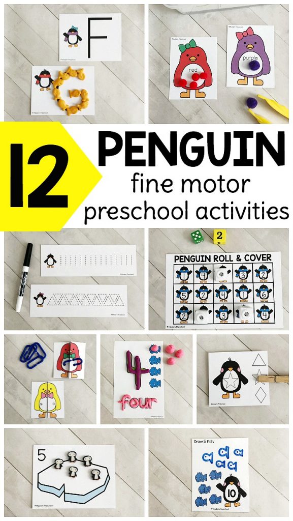 12 super simple printable Penguins Fine Motor Busy Bins for the winter theme in your pre-k, preschool classroom use supplies you have on hand!