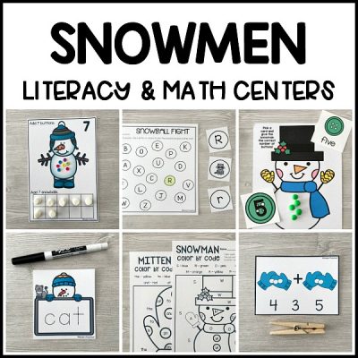 A complete set of super low prep, printable SNOWMEN Literacy & Math Centers for preschool, pre-k, kindergarten that include easy to follow directions, alphabet, numbers, pre-writing, word building skills, and more for your winter theme!