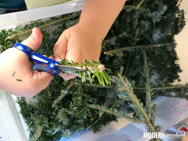 This EXTREMELY fun Christmas tree trimming fine motor sensory bin is the perfect no prep activity for preschoolers to practice scissor skills!