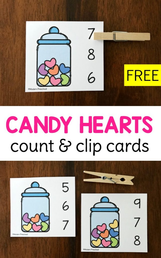 FREE printable Candy Hearts Count & Clip Cards for Valentine's Day in preschool using the numbers 0-10 to practice 1:1 correspondence, counting, number recognition, and fine motor skills!