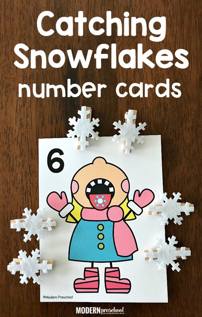 FREE printable Catching Snowflakes Counting Cards 1-12 to use during January and your winter theme to practice counting, numbers, and 1:1 correspondence with this super simple math center for preschool, pre-k, kindergarten at home or in school!