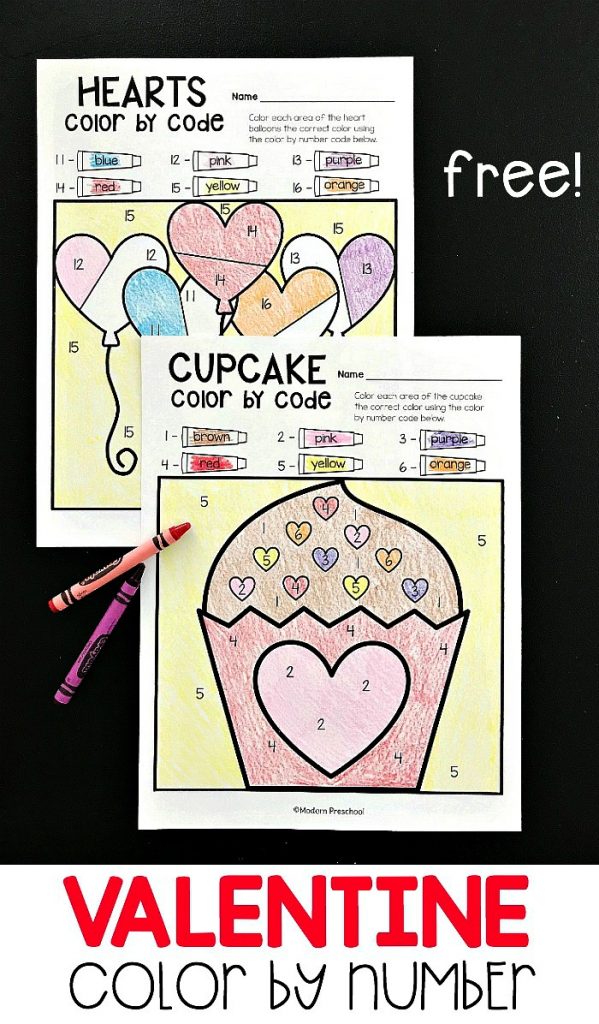 FREE Valentine's Day Color By Number printables to practice numbers, colors, pencil grip, & fine motor skills in preschool, pre-k, and kindergarten!