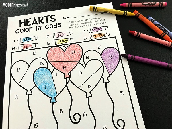FREE Valentine's Day Color By Number printables to practice numbers, colors, pencil grip, & fine motor skills in preschool, pre-k, and kindergarten!