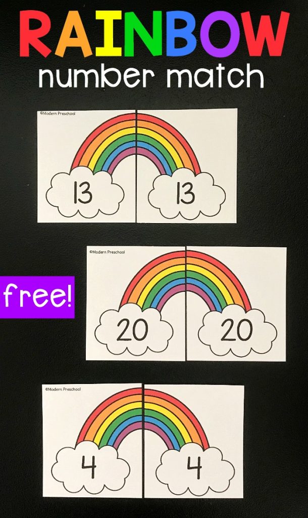 FREE printable rainbow number match activity to use this spring in your preschool, pre-k, kindergarten math learning center to practice number recognition 1-20 and visual discrimination. Great for St. Patrick's Day and it's reusable!