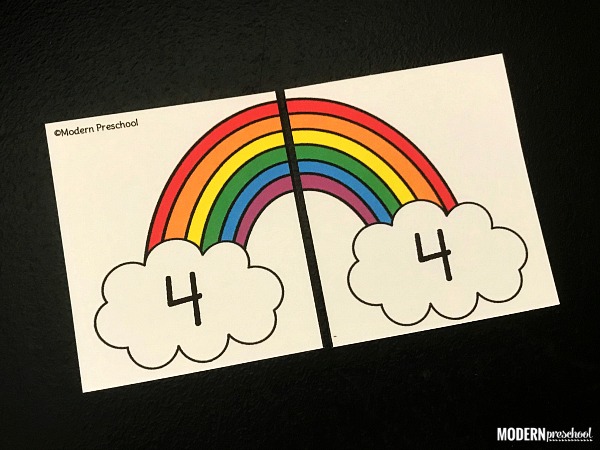 FREE printable rainbow number match activity to use this spring in your preschool, pre-k, kindergarten math learning center to practice number recognition 1-20 and visual discrimination. Great for St. Patrick's Day and it's reusable!
