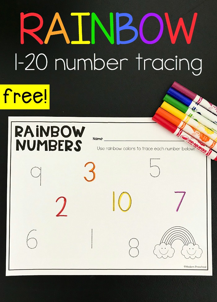 FREE rainbow tracing numbers printable math activity to use in preschool, pre-k, kindergarten to teach correct number formation, fine motor skills, number recognition, writing skills during themed learning for spring or St. Patrick's Day. Bulk up your math centers with this no prep activity!