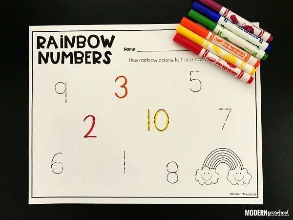 FREE rainbow tracing numbers printable math activity to use in preschool, pre-k, kindergarten to teach correct number formation, fine motor skills, number recognition, writing skills during themed learning for spring or St. Patrick's Day. Bulk up your math centers with this no prep activity!