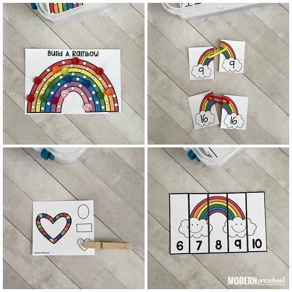 12 printable & motivational RAINBOWS fine motor busy bins for spring and St. Patricks Day to use in your preschool, pre-k, and kindergarten classroom to intentionally add fine motor work to your daily schedule. Use as morning welcome work as they are designed to be independent activities in the classroom!