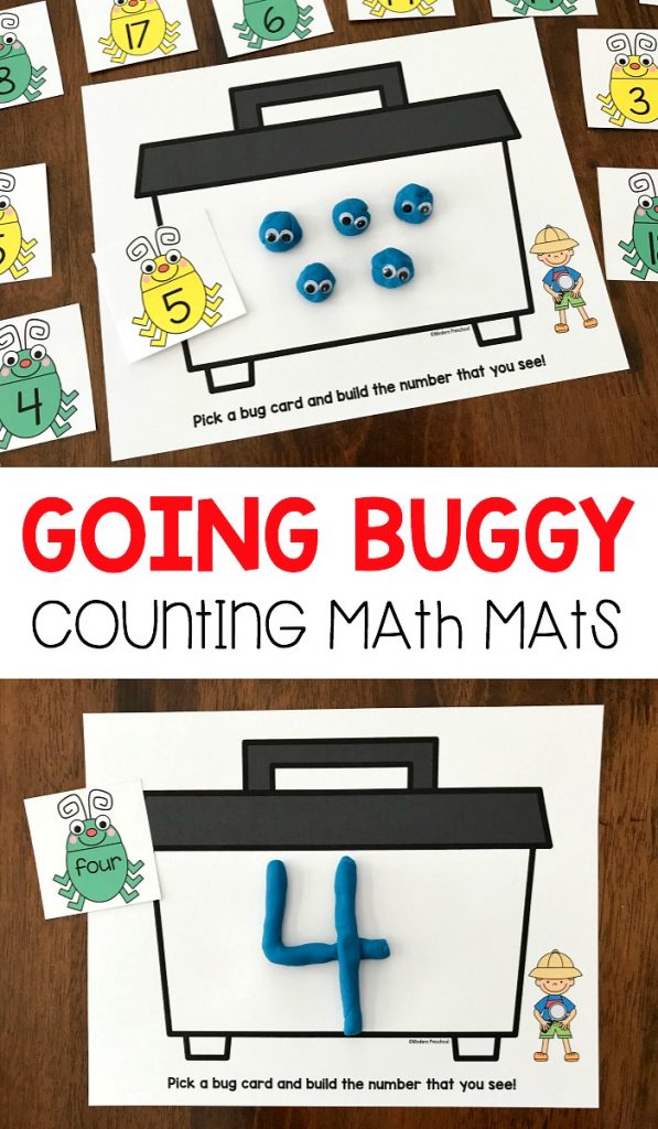 FREE printable bug catcher counting & number play dough mats for preschool and pre-k kids to practice number identification, number words, counting 1-20, 1:1 correspondence, and fine motor skills while creating play dough insects! Perfect for a reusable math center or bug themed busy bag.