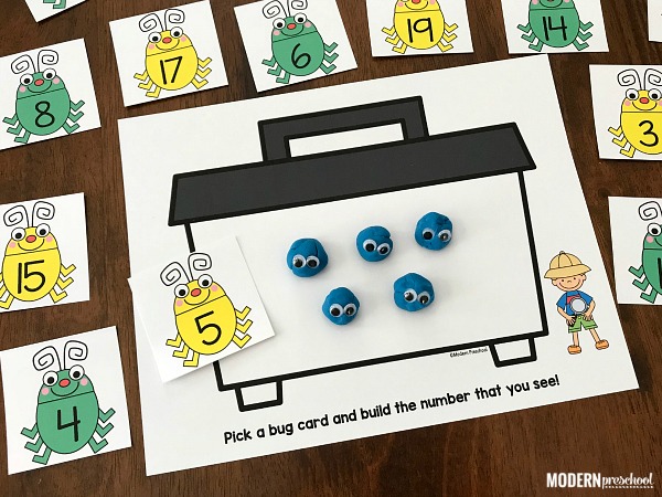 FREE printable bug catcher counting & number play dough mats for preschool and pre-k kids to practice number identification, number words, counting 1-20, 1:1 correspondence, and fine motor skills while creating play dough insects! Perfect for a reusable math center or bug themed busy bag.