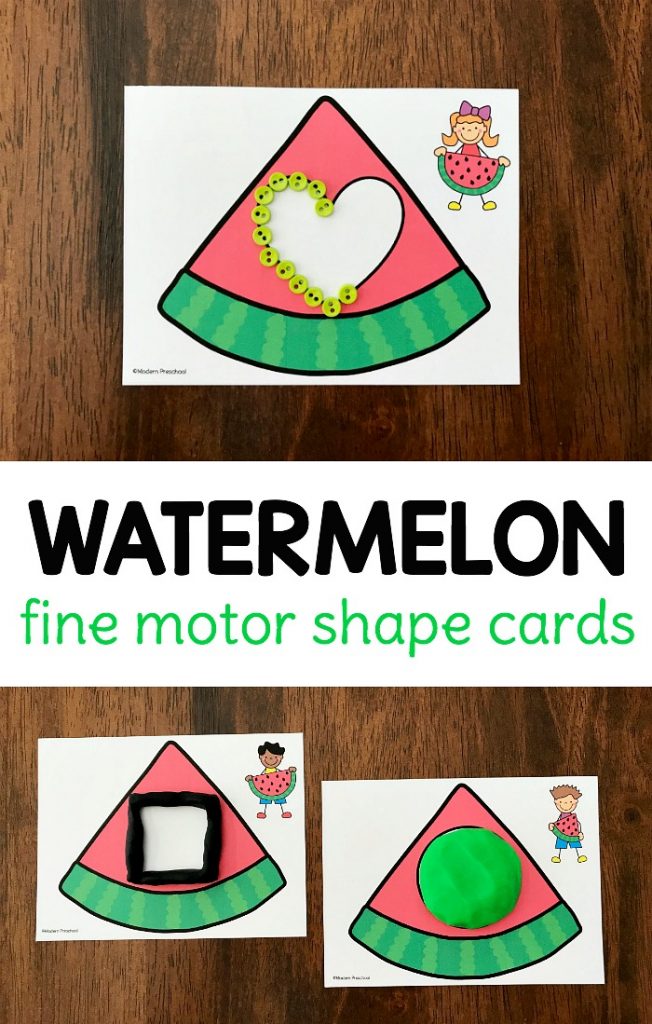 FREE printable watermelon fine motor shape cards to use in a preschool, kindergarten classroom or as a busy bag at home! The set includes 12 shapes and can be used with play dough, buttons, beads, pom poms to build the shapes and practice fine motor skills.