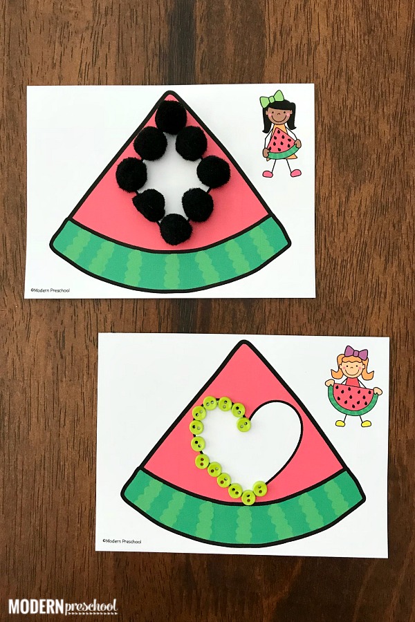 FREE printable watermelon fine motor shape cards to use in a preschool, kindergarten classroom or as a busy bag at home! The set includes 12 shapes and can be used with play dough, buttons, beads, pom poms to build the shapes and practice fine motor skills.