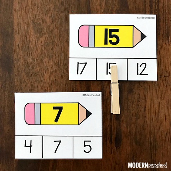 FREE printable school pencil number match clip cards 1-20 to focus on numbers, visual discrimination, and fine motor skills as you go back to preschool!