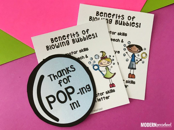 FREE open house bubbles printable for preschool, pre-k, kindergarten teachers to give to students and parents to show benefits of bubbles!
