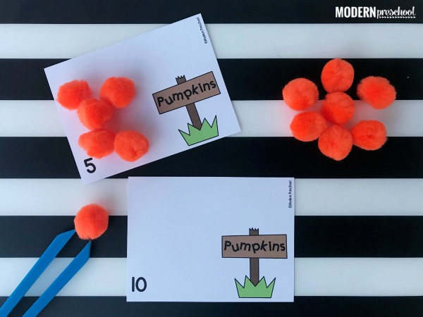 FREE pumpkin patch counting cards 1-12 busy bin for preschool, pre-k, kindergarten to practice number, math, fine motor, in the classroom & homeschool!