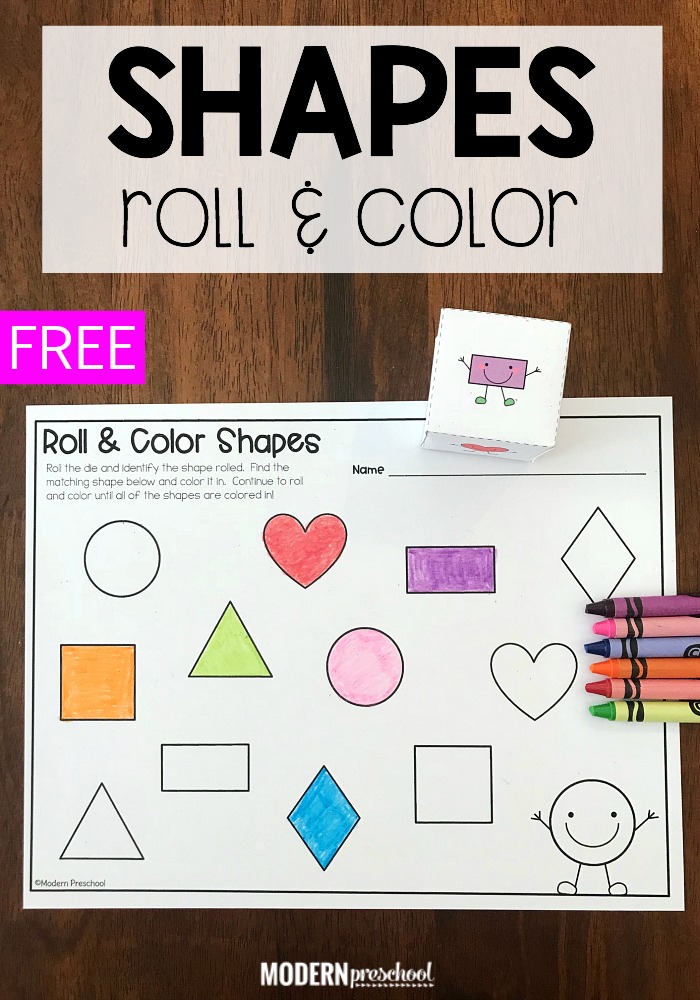 FREE printable shape roll & color math activity for preschool and pre-k to use during small group time and shape recognition!