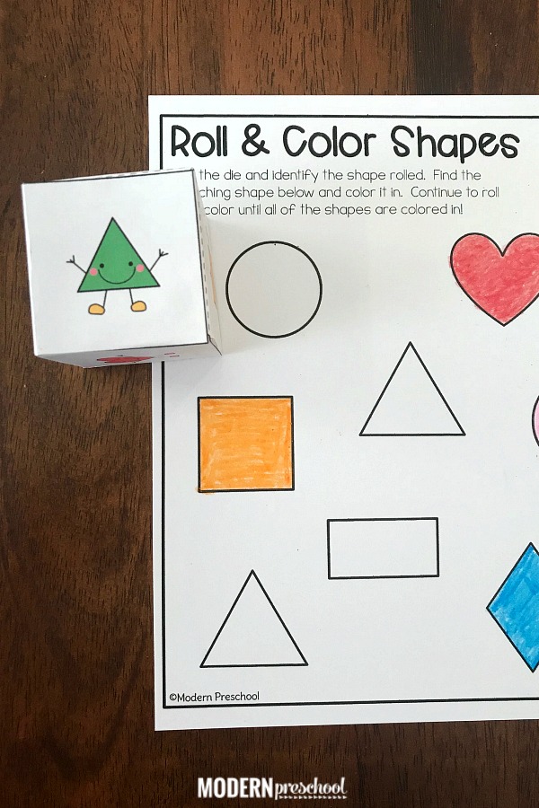 FREE printable shape roll & color math activity for preschool and pre-k to use during small group time and shape recognition!