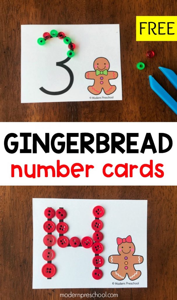 FREE printable gingerbread fine motor number cards 1-20 to practice number recognition & formation during December with preschoolers!