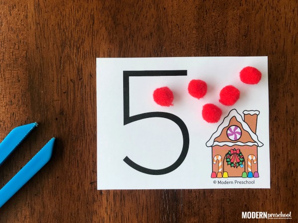 FREE printable gingerbread fine motor number cards 1-20 to practice number recognition & formation during December with preschoolers!