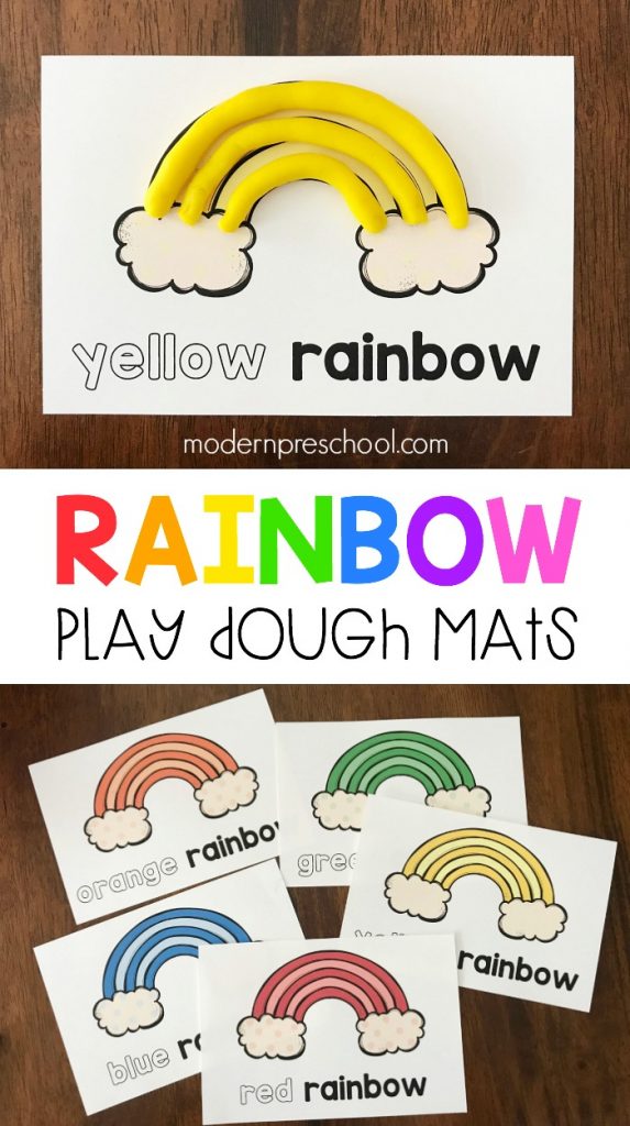 FREE printable rainbow color play dough mats to practice color words, recognition, and fine motor skills in preschool during spring & St. Patrick's Day!