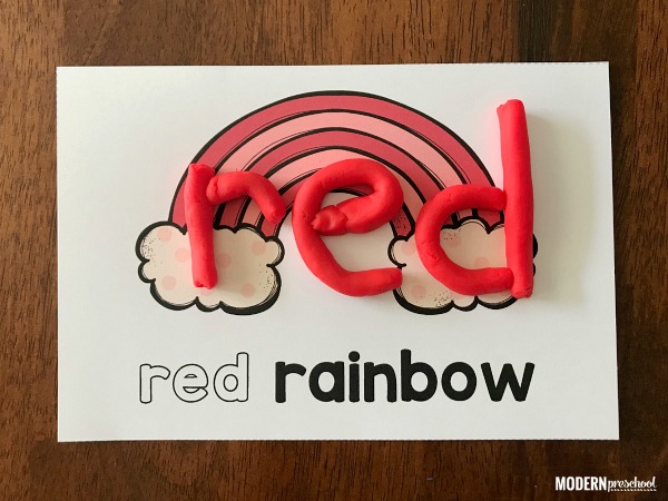 FREE printable rainbow color play dough mats to practice color words, recognition, and fine motor skills in preschool during spring & St. Patrick's Day!