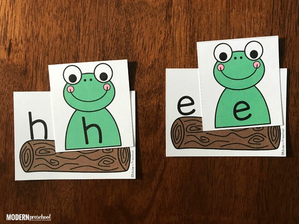 FREE printable frog on a log lowercase letter match to practice alphabet recognition while focusing on the little letters in preschool & kindergarten!