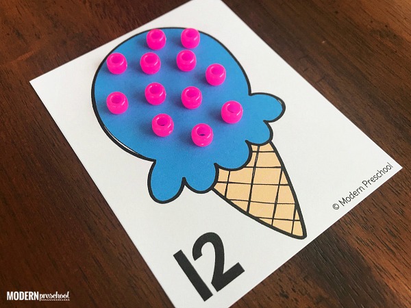 FREE preschool printable ice cream counting mats to practice numbers while counting using 1:1 correspondence and fine motor skills during a summer theme!