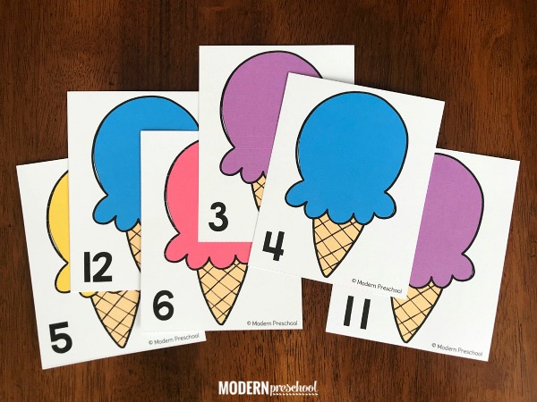 FREE preschool printable ice cream counting mats to practice numbers while counting using 1:1 correspondence and fine motor skills during a summer theme!