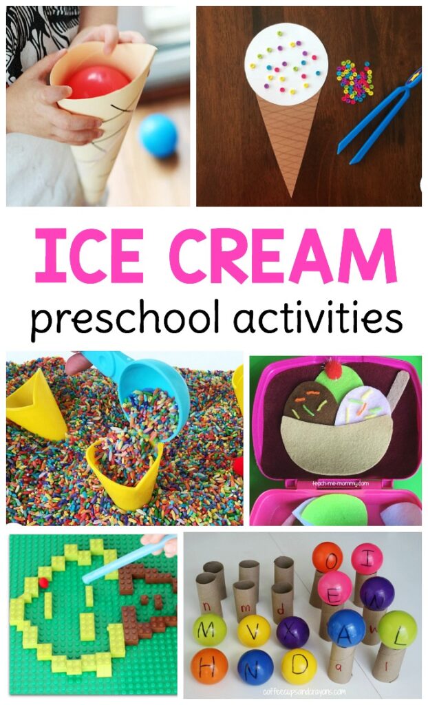 So many hands-on and engaging ice cream activities for preschool, pre-k, and homeschool preschool to use during a summer theme!