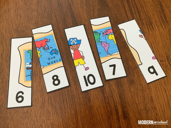 FREE printable pirate number puzzles for preschoolers to practice number order, numbers 1-20, visual discrimination, & matching skills for an ocean theme!