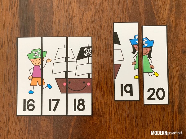 FREE printable pirate number puzzles for preschoolers to practice number order, numbers 1-20, visual discrimination, & matching skills for an ocean theme!
