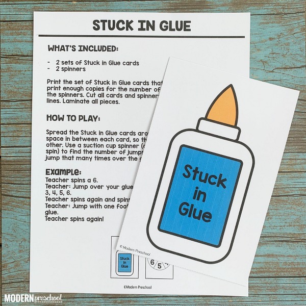 FREE printable silly, fun stuck in glue gross motor move & learn activity for preschool, pre-k, & kinders to help all learning styles and levels succeed!