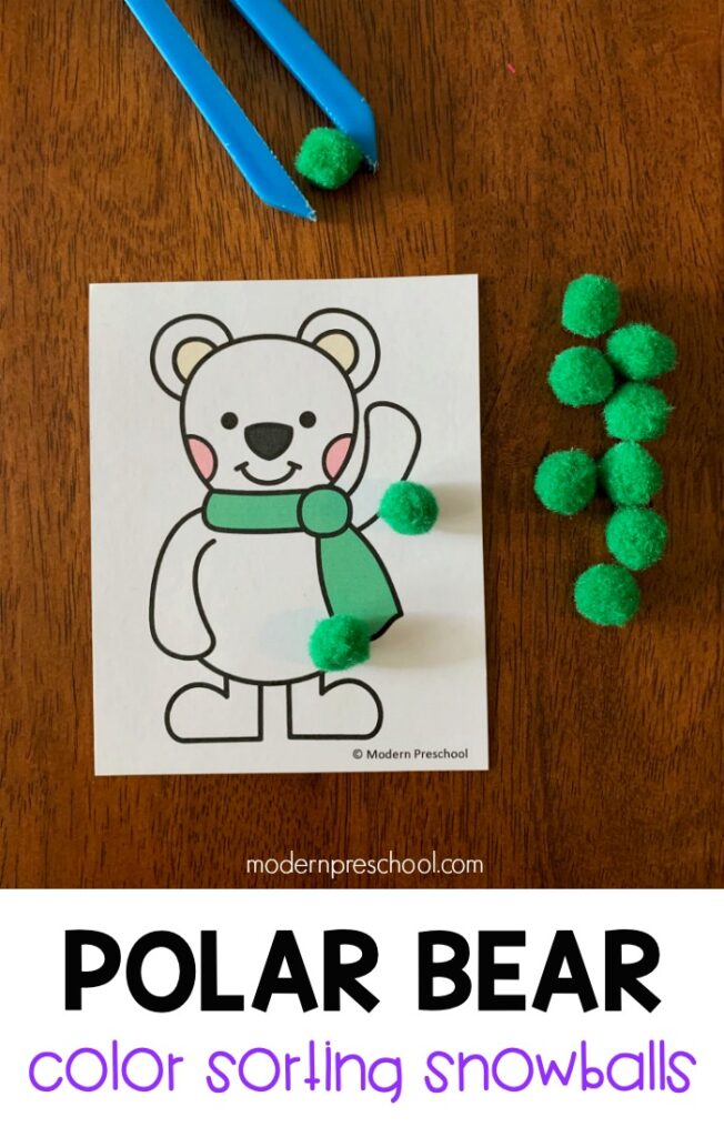 FREE printable math polar bear color sorting snowballs to practice colors, fine motor, & counting during your winter or arctic animal theme in preschool!