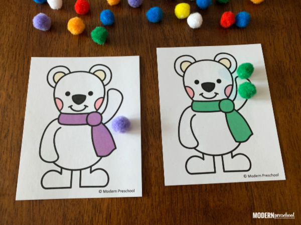 FREE printable math polar bear color sorting snowballs to practice colors, fine motor, & counting during your winter or arctic animal theme in preschool!