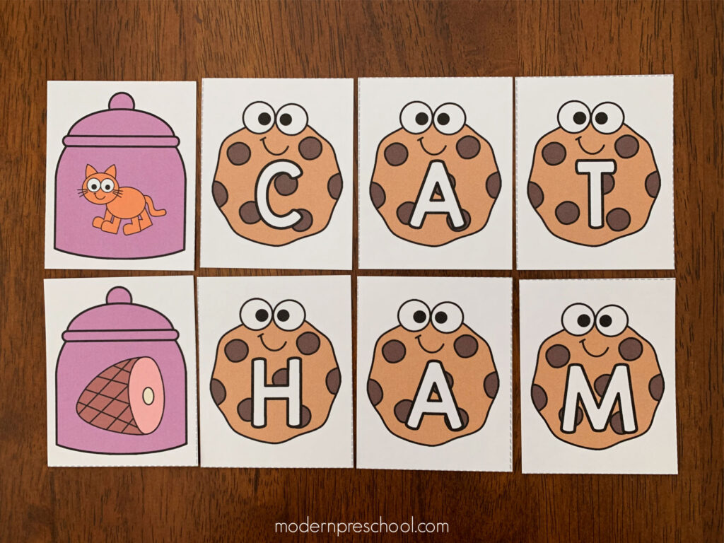 FREE printable CVC cookie words literacy activity for pre-k & kindergarten classes to work with while practicing letter sounds and early reading skills!