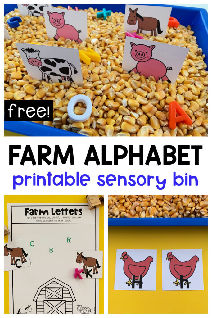 FREE printable farm alphabet match sensory bin activity for preschoolers to practice uppercase and lowercase letter identification and writing!
