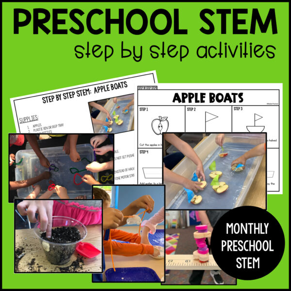 Age appropriate play based preschool STEM activities that include step by step directions, teachers and parent tips, and a photo example!