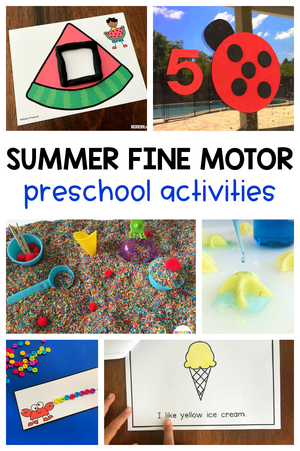 Summer fine motor preschool activities to add to your ice cream, watermelon, beach, camping, and outside themes at school and home!