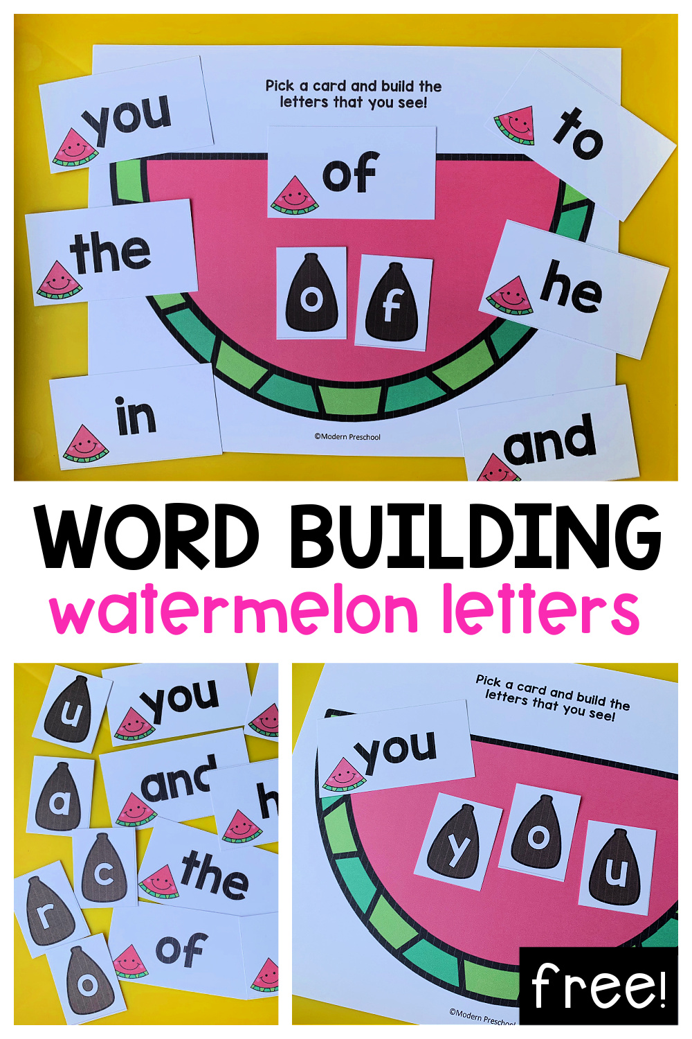 FREE printable watermelon word building mats for preschoolers and kindergarteners to practice reading, writing, and letter matching!